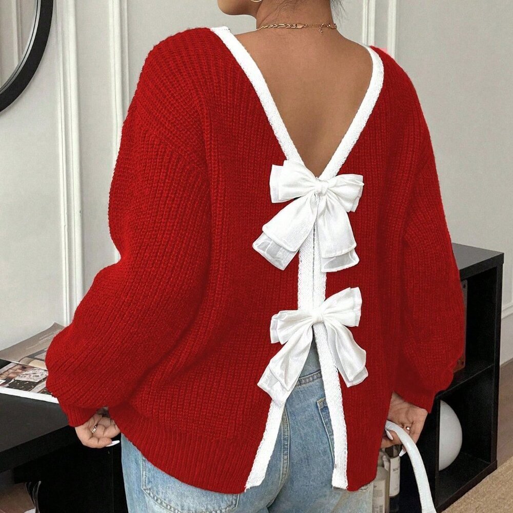 Plus Size Red Casual Women's Bowknot Crew Neck Long Sleeve Sweater